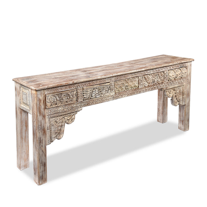 Angled View Of Painted 5 Drawer Console Table Made From Reclaimed Teak | Indigo Antiques