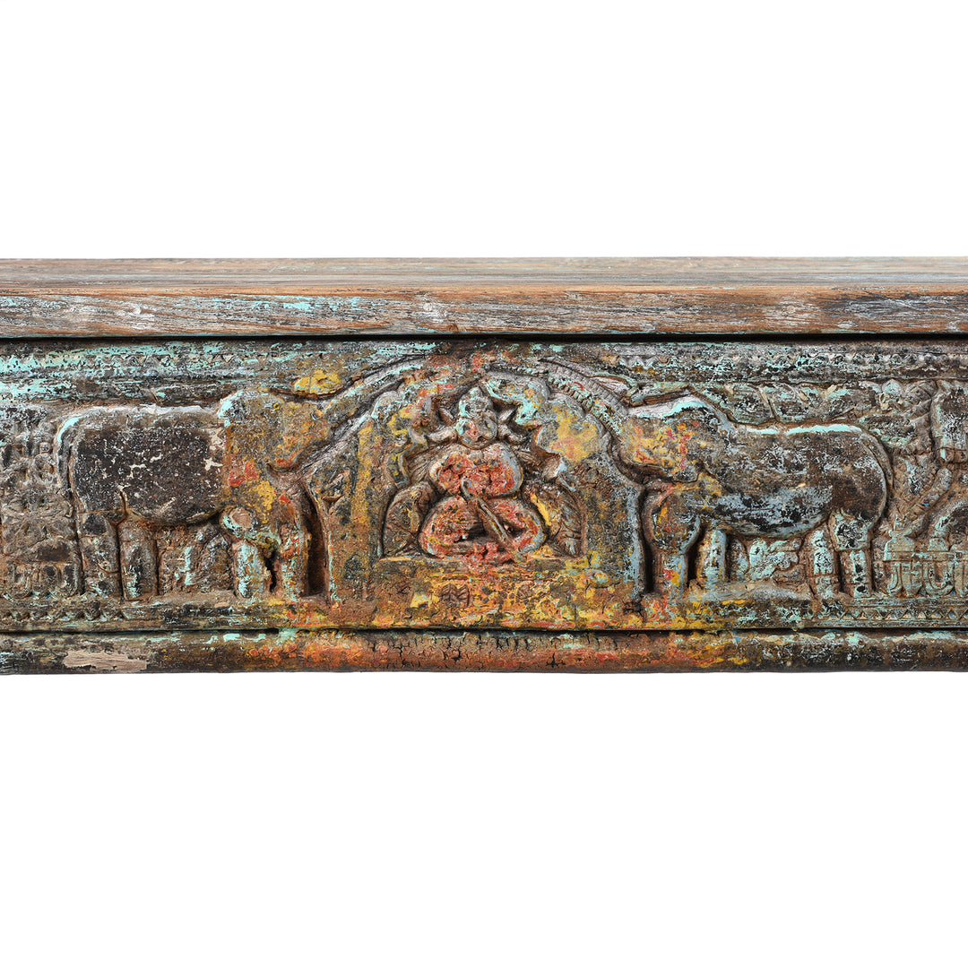 Carving Detail From Reclaimed Teakwood Console Table With Painted Finish | Indigo Antiques