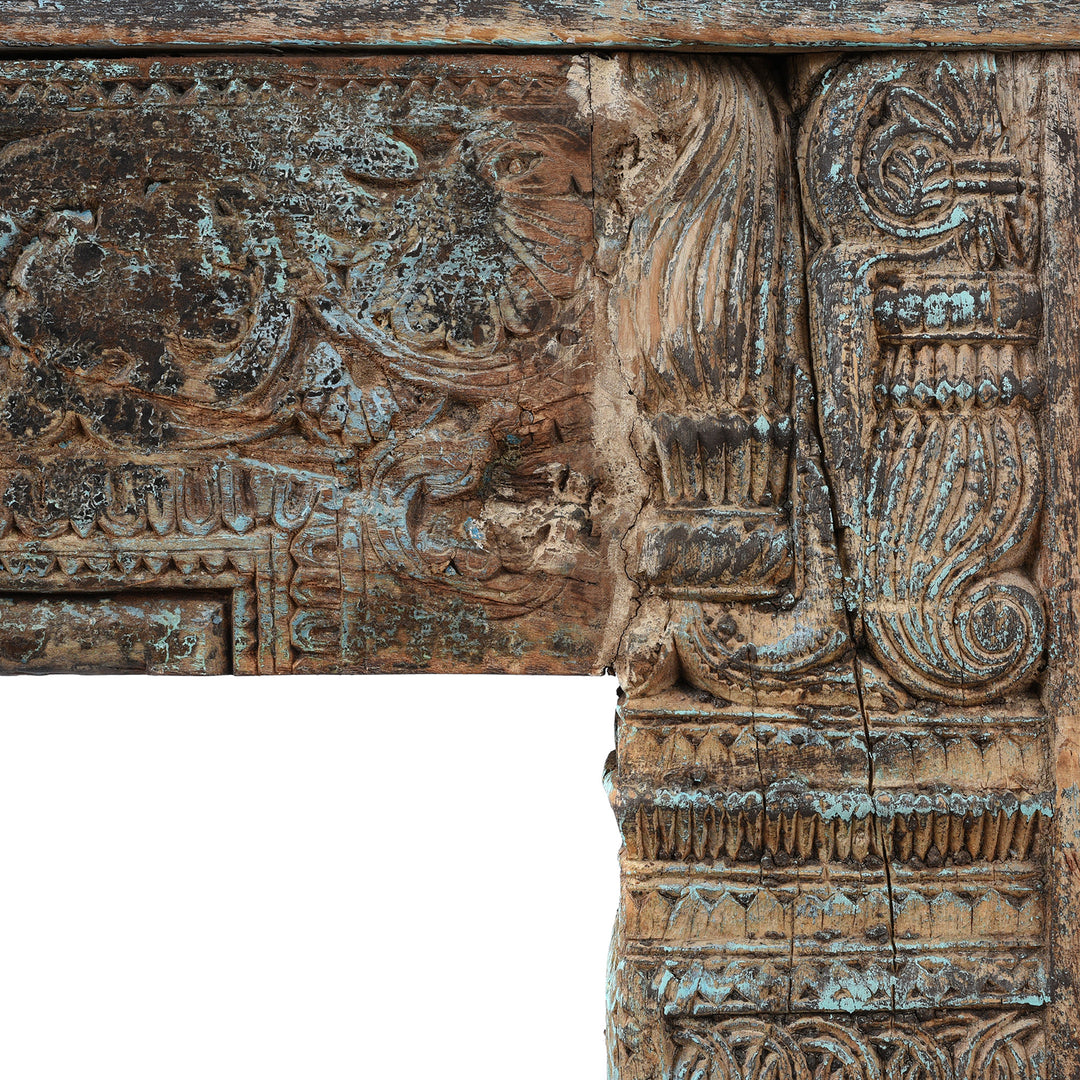 Carving Detail From Reclaimed Teakwood Console Table With Painted Finish | Indigo Antiques