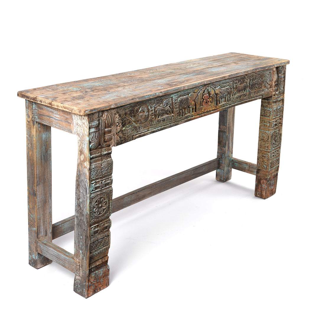 Angled View Of Reclaimed Teakwood Console Table With Painted Finish | Indigo Antiques