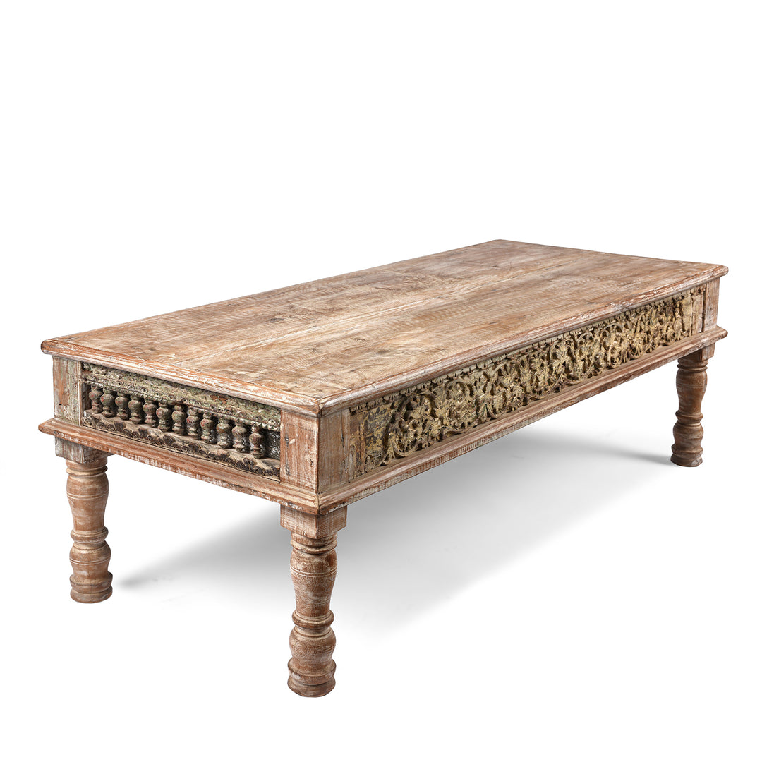 Angled View Of  Indian Takhat Coffee Table Made From Reclaimed Teak | Indigo Antiques