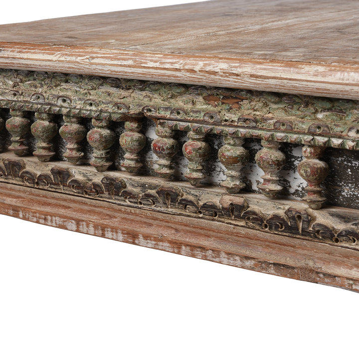 Carving Detail From  Indian Takhat Coffee Table Made From Reclaimed Teak | Indigo Antiques