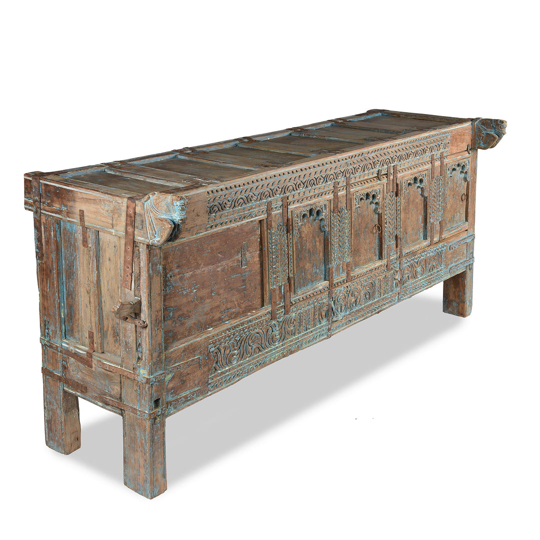 Angled View Of Antique Carved Teak Manjus Dowry Chest From Banswara - 19th Century | Indigo Antiques