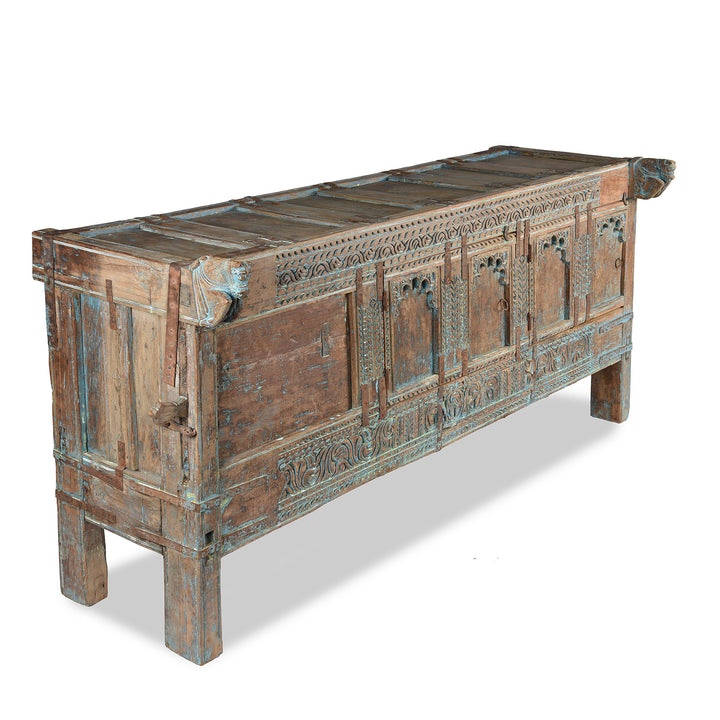 Angled View Of Antique Carved Teak Manjus Dowry Chest From Banswara - 19th Century | Indigo Antiques