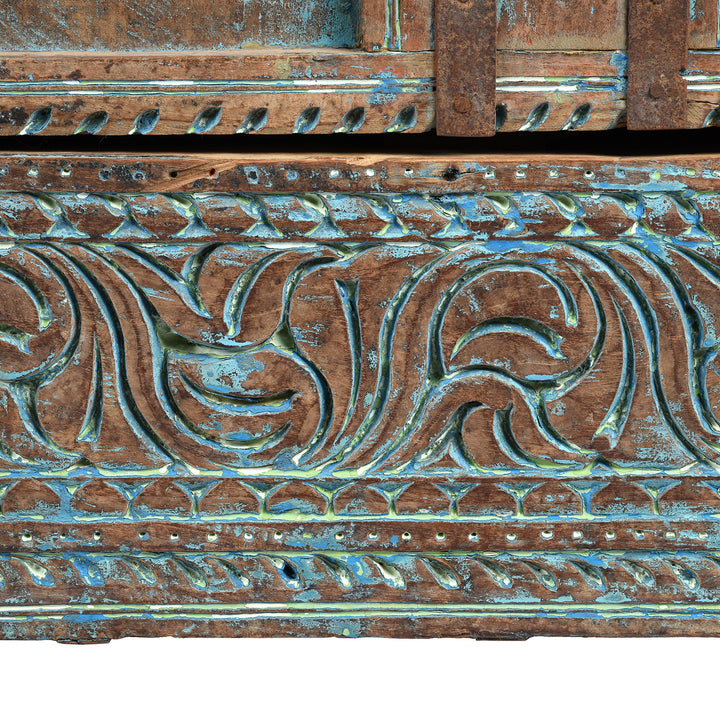 Carving Detail From Antique Carved Teak Manjus Dowry Chest From Banswara - 19th Century | Indigo Antiques