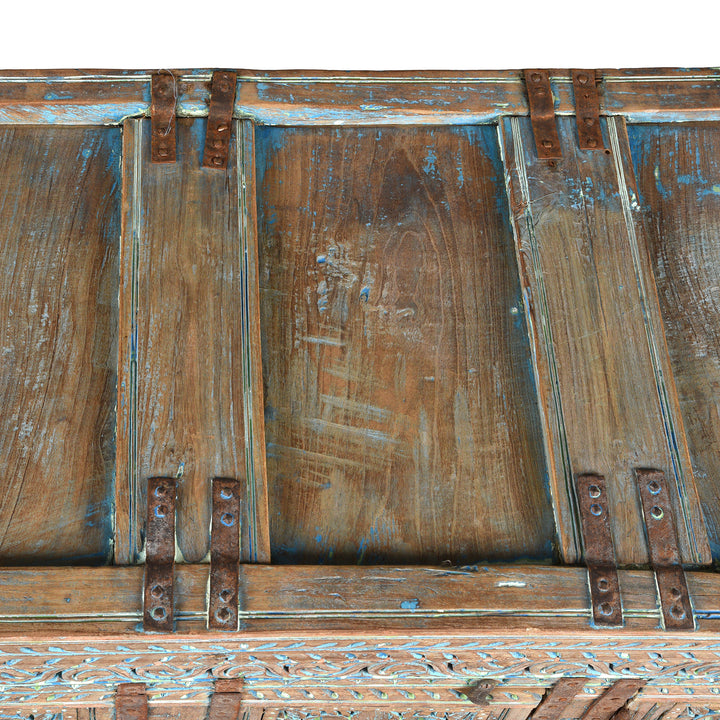 Top Detail From Antique Carved Teak Manjus Dowry Chest From Banswara - 19th Century | Indigo Antiques