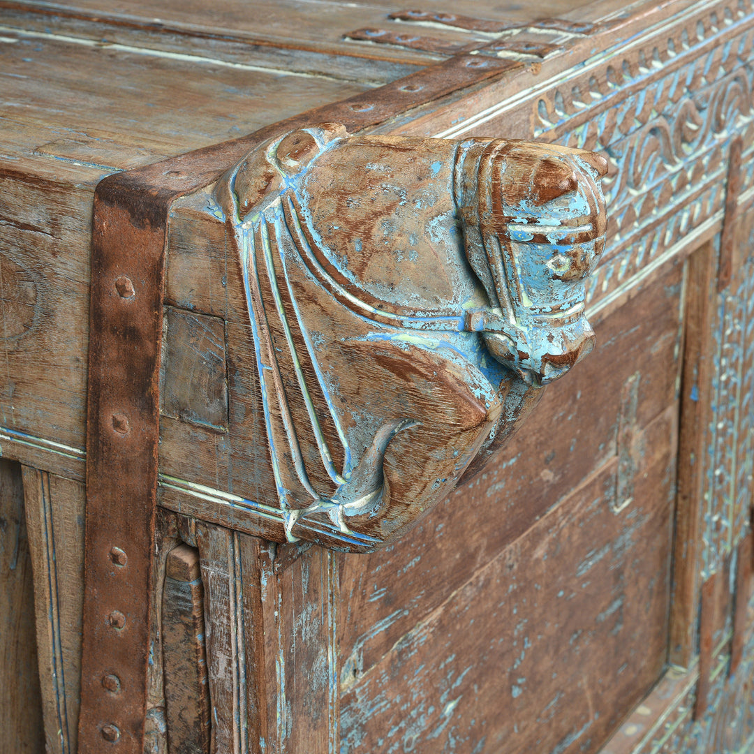 Horse Detail From Antique Carved Teak Manjus Dowry Chest From Banswara - 19th Century | Indigo Antiques