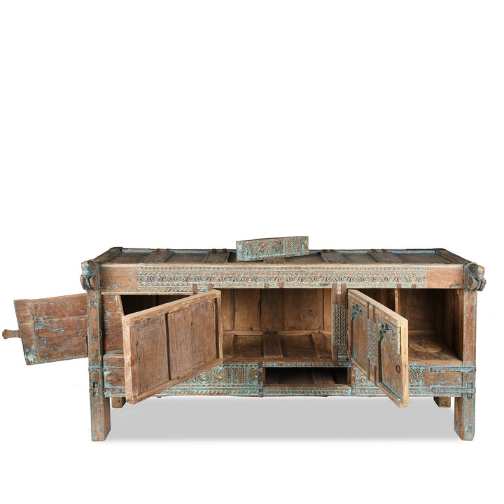 Open View Of Antique Carved Teak Manjus Dowry Chest From Banswara - 19th Century | Indigo Antiques
