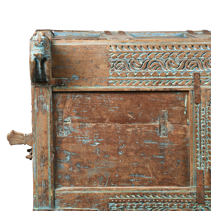 Corner Detail From Antique Carved Teak Manjus Dowry Chest From Banswara - 19th Century | Indigo Antiques