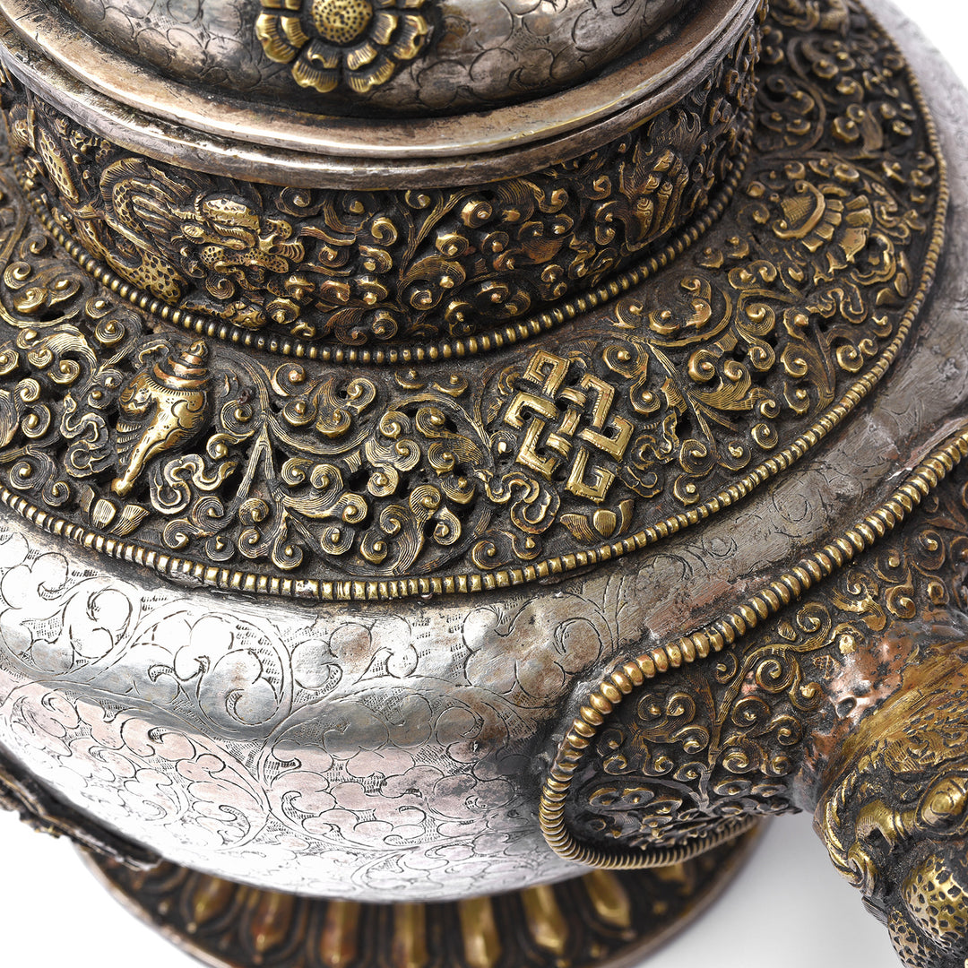 Endless knot detail on a Vintage Silver Plated Tibetan Teapot deorated with dragons & makara | Indigo Antiques