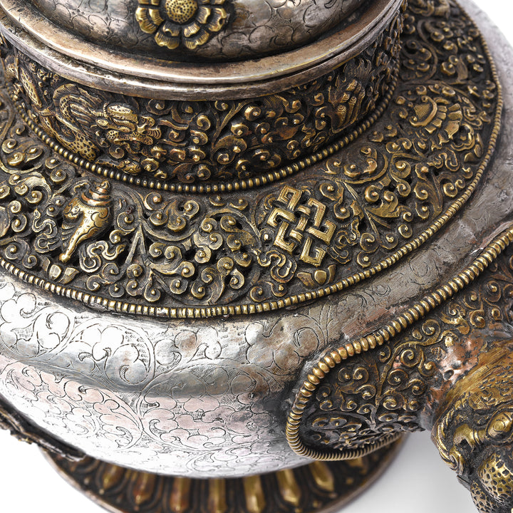 Endless knot detail on a Vintage Silver Plated Tibetan Teapot deorated with dragons & makara | Indigo Antiques