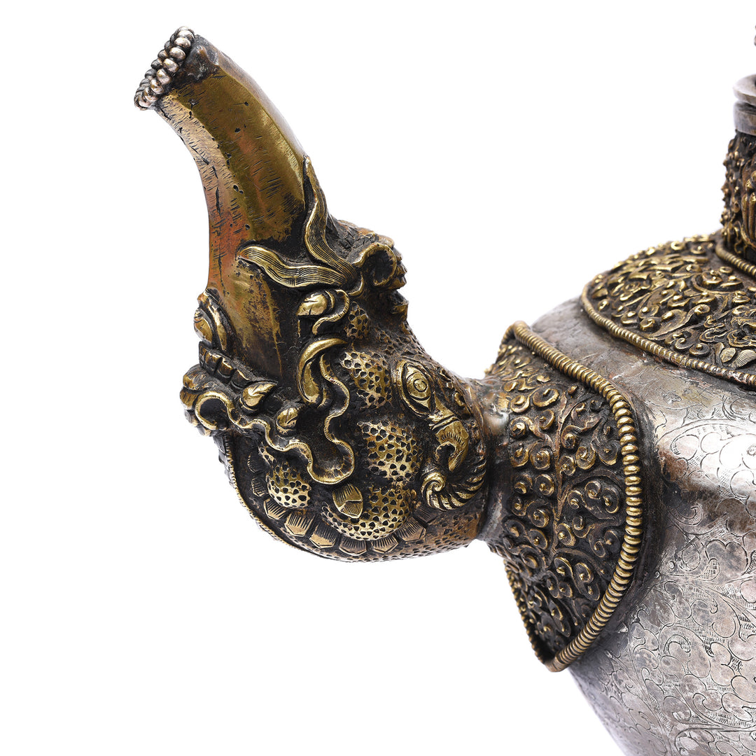 Makara spout detail on a Vintage Silver Plated Tibetan Teapot deorated with dragons & makara | Indigo Antiques