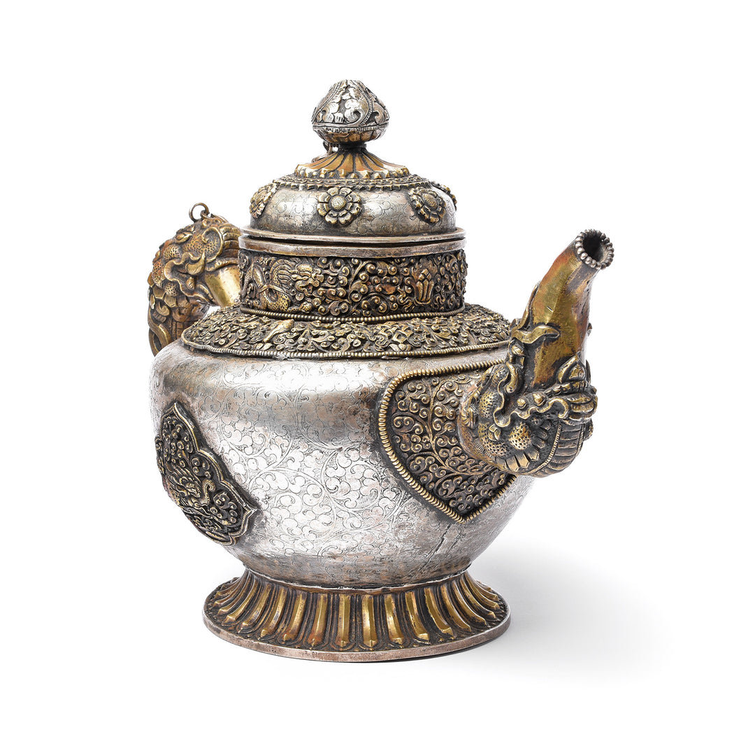 Vintage Silver Plated Tibetan Teapot deorated with dragons & makara | Indigo Antiques