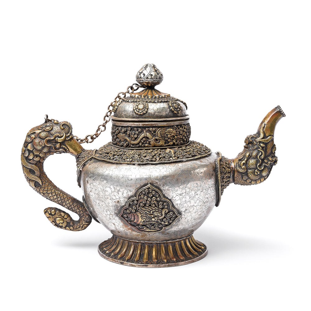 Vintage Silver Plated Tibetan Teapot deorated with dragons & makara | Indigo Antiques