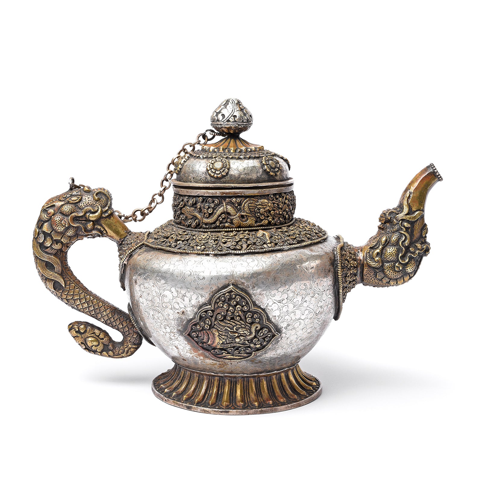 Vintage Silver Plated Tibetan butter Teapot on an antique painted choksar prayer table | Indigo Antiques