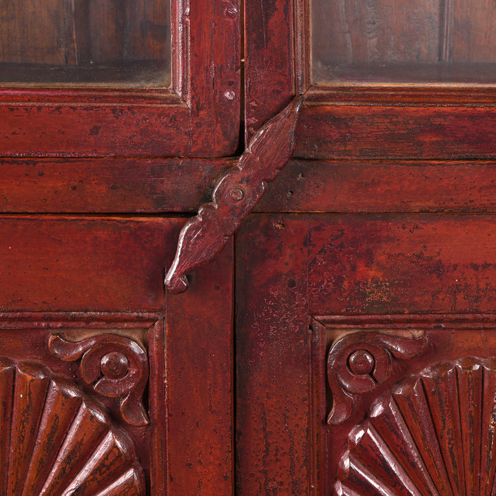 Locking Latch Detail From Antique Glazed Teak Almirah Cabinet With Sunburst Panels | Indigo Antiques