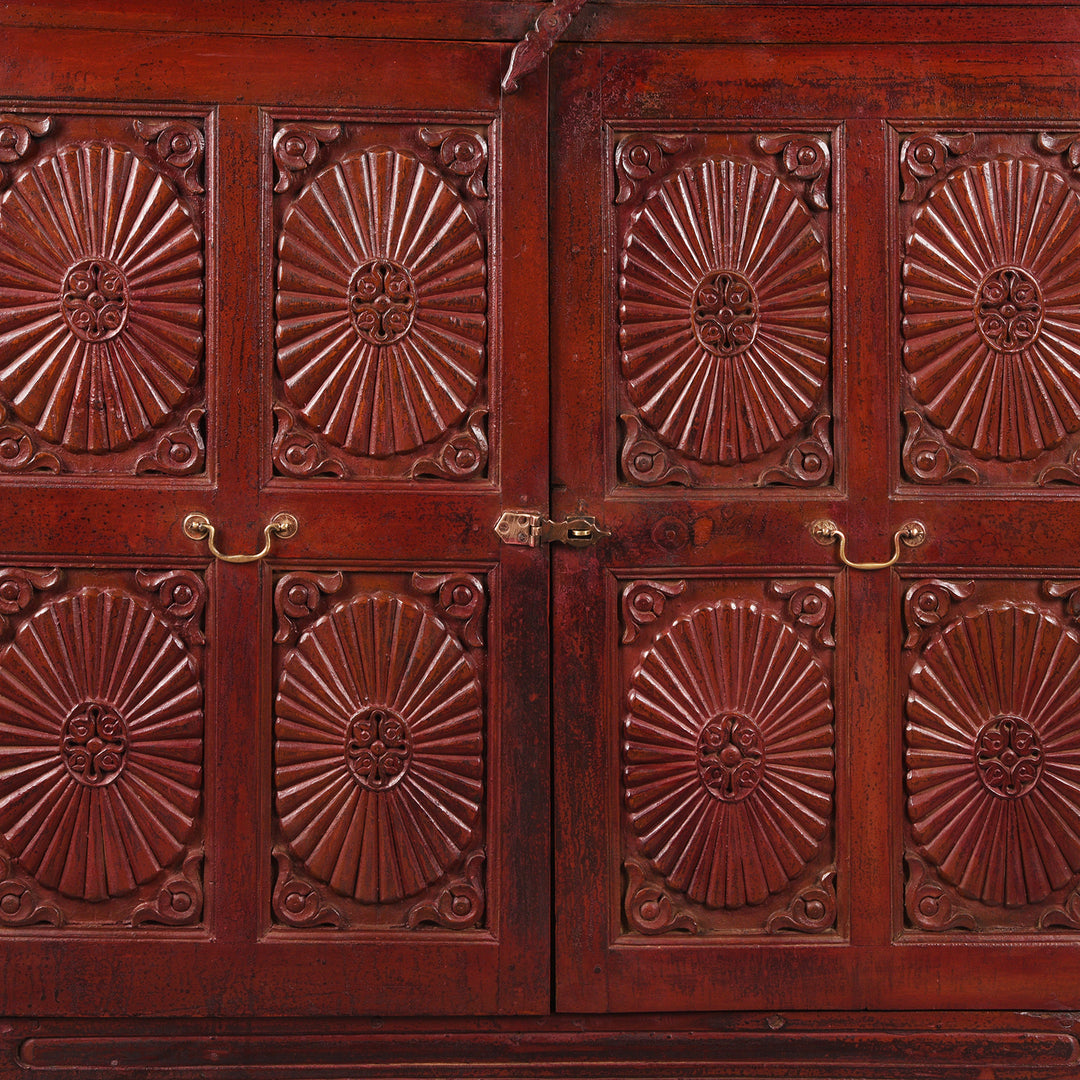 Sunburst Detail From Antique Glazed Teak Almirah Cabinet With Sunburst Panels | Indigo Antiques