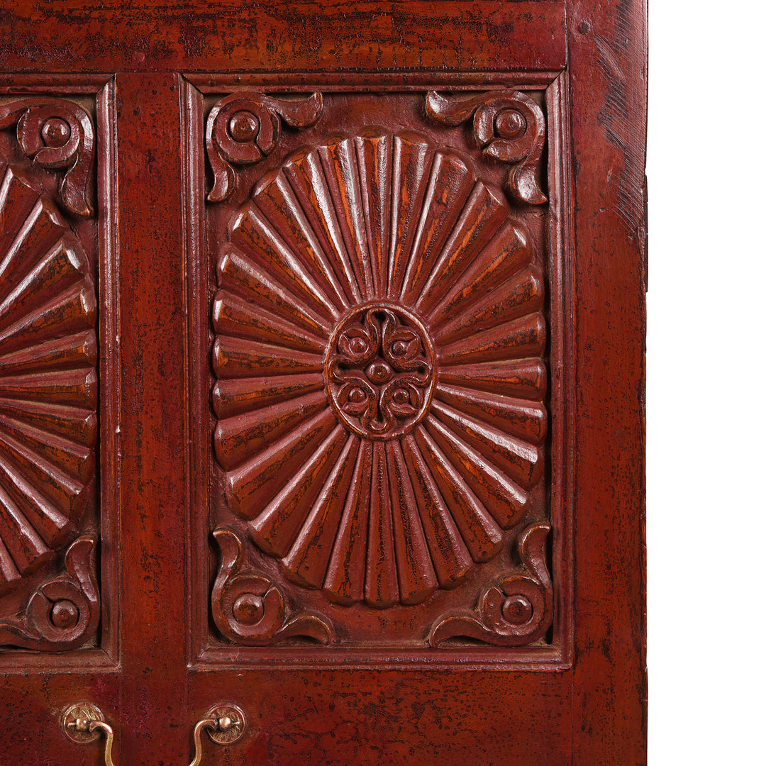 Sunburst Detail From Antique Glazed Teak Almirah Cabinet With Sunburst Panels | Indigo Antiques