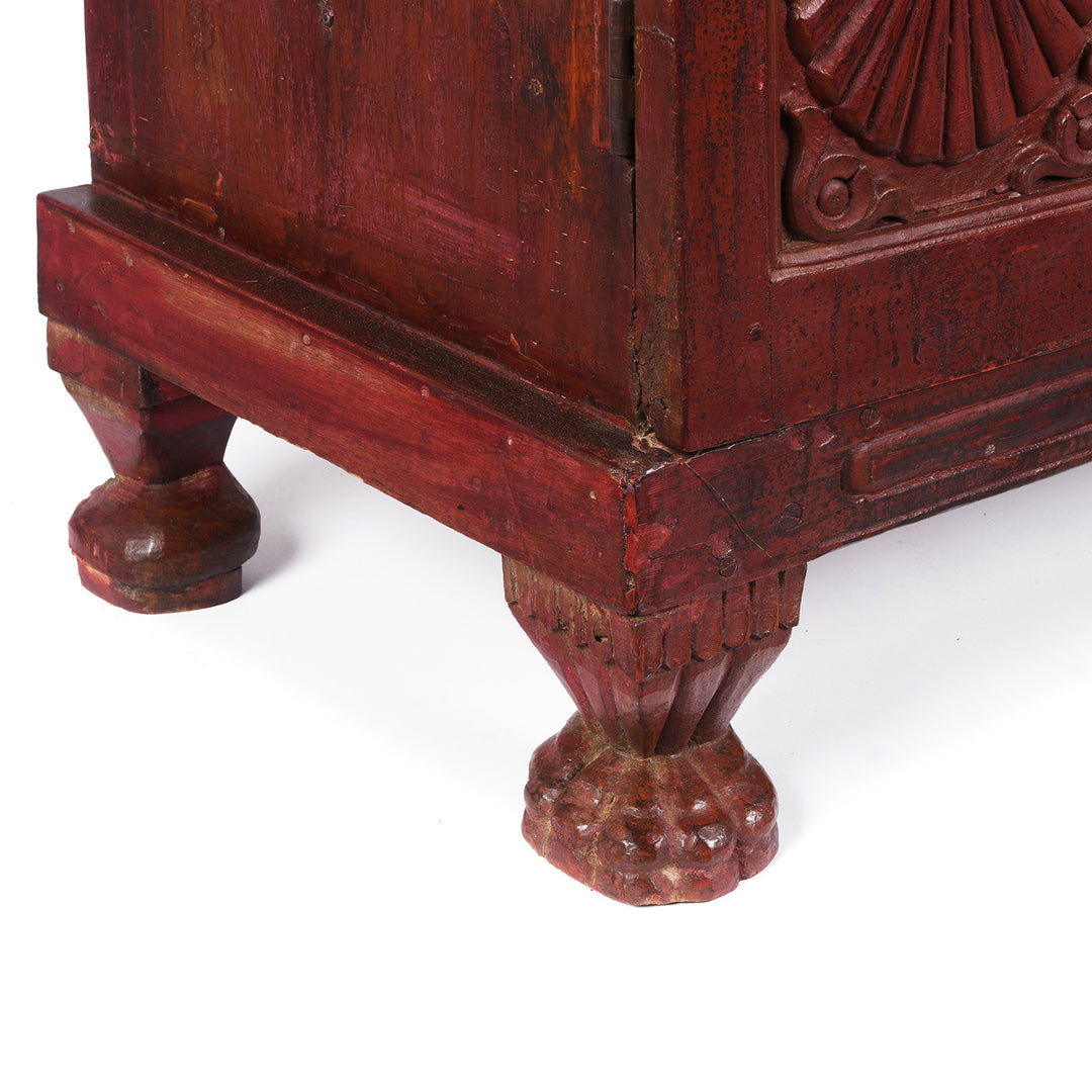 Leg Detail From Antique Glazed Teak Almirah Cabinet With Sunburst Panels | Indigo Antiques
