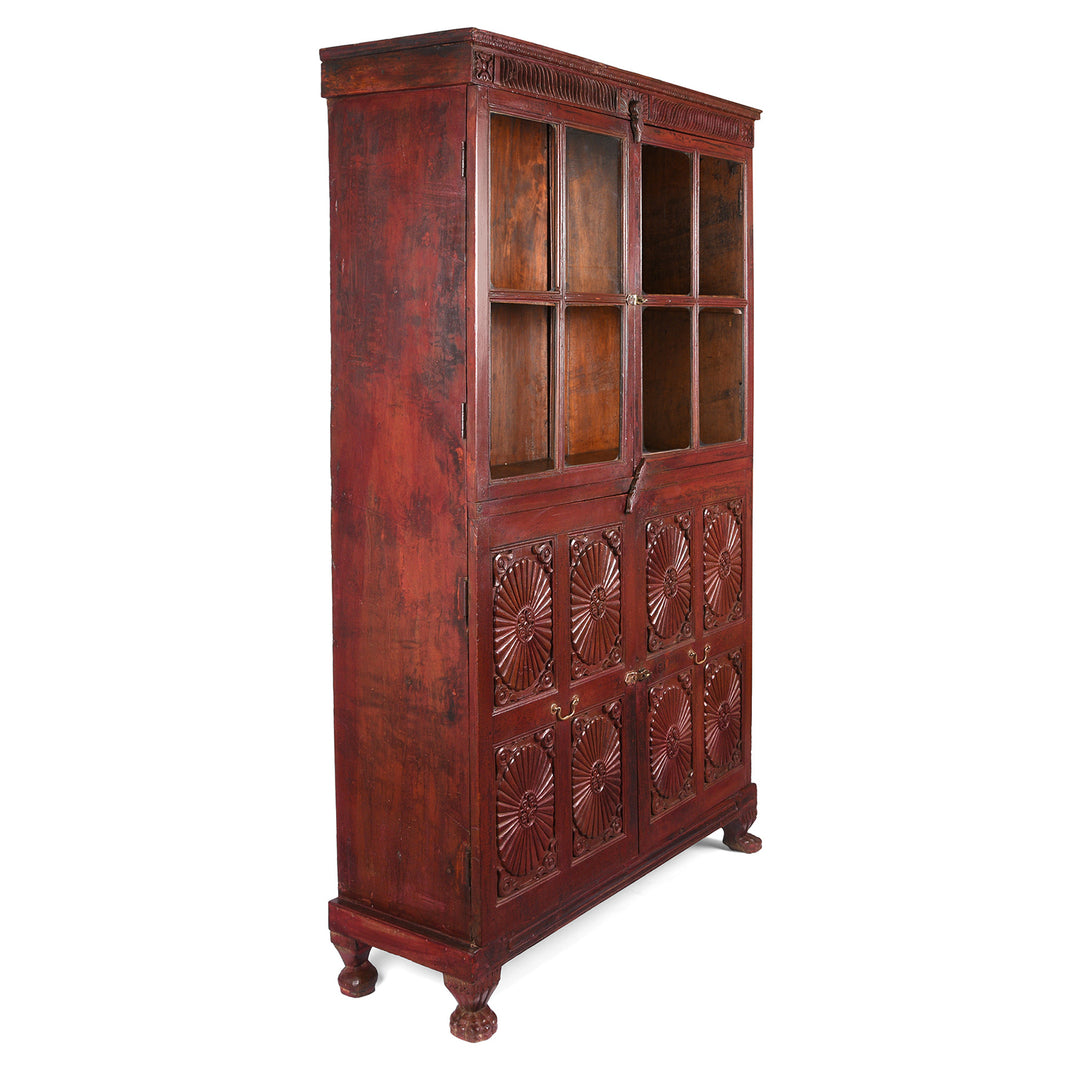 Angled View Of Antique Glazed Teak Almirah Cabinet With Sunburst Panels | Indigo Antiques