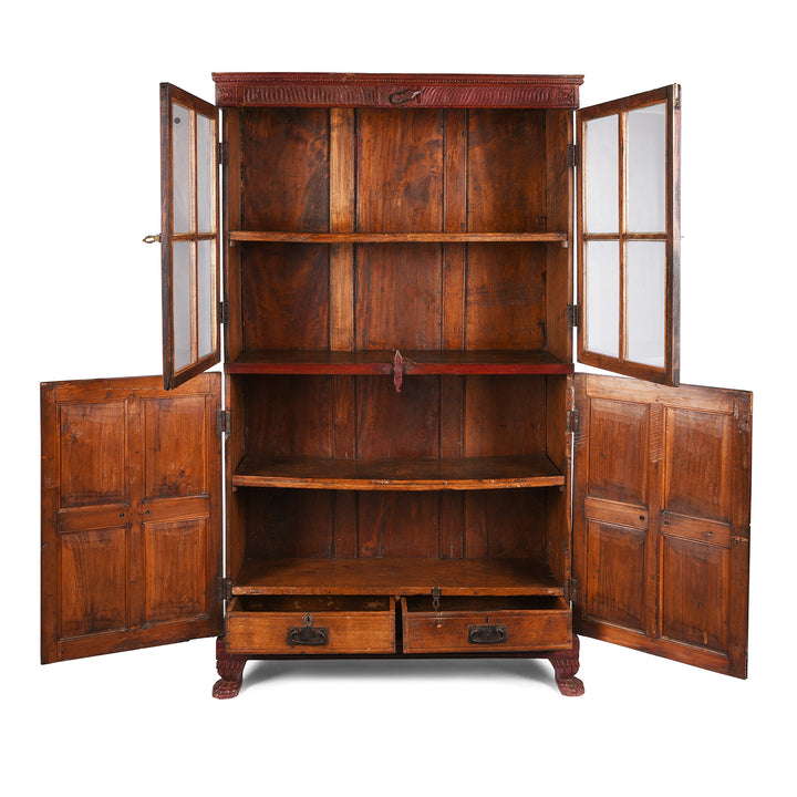 Open Doors View Of Antique Glazed Teak Almirah Cabinet With Sunburst Panels | Indigo Antiques
