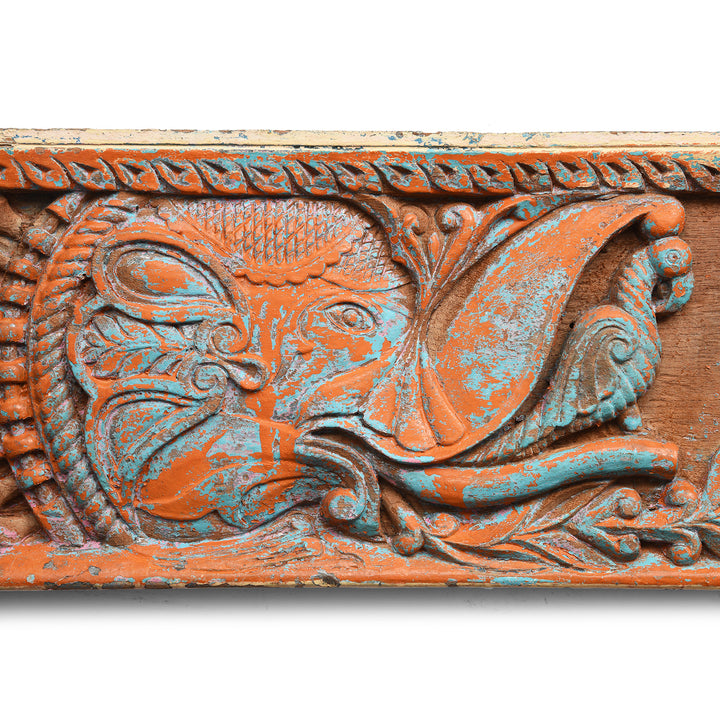 Elephant Detail From Antique Indian Carved Teak Ganesh Lintel Panel | Indigo Antiques