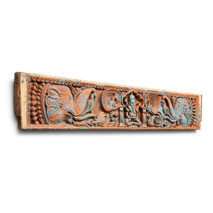 Angled View Of Antique Indian Carved Teak Ganesh Lintel Panel | Indigo Antiques