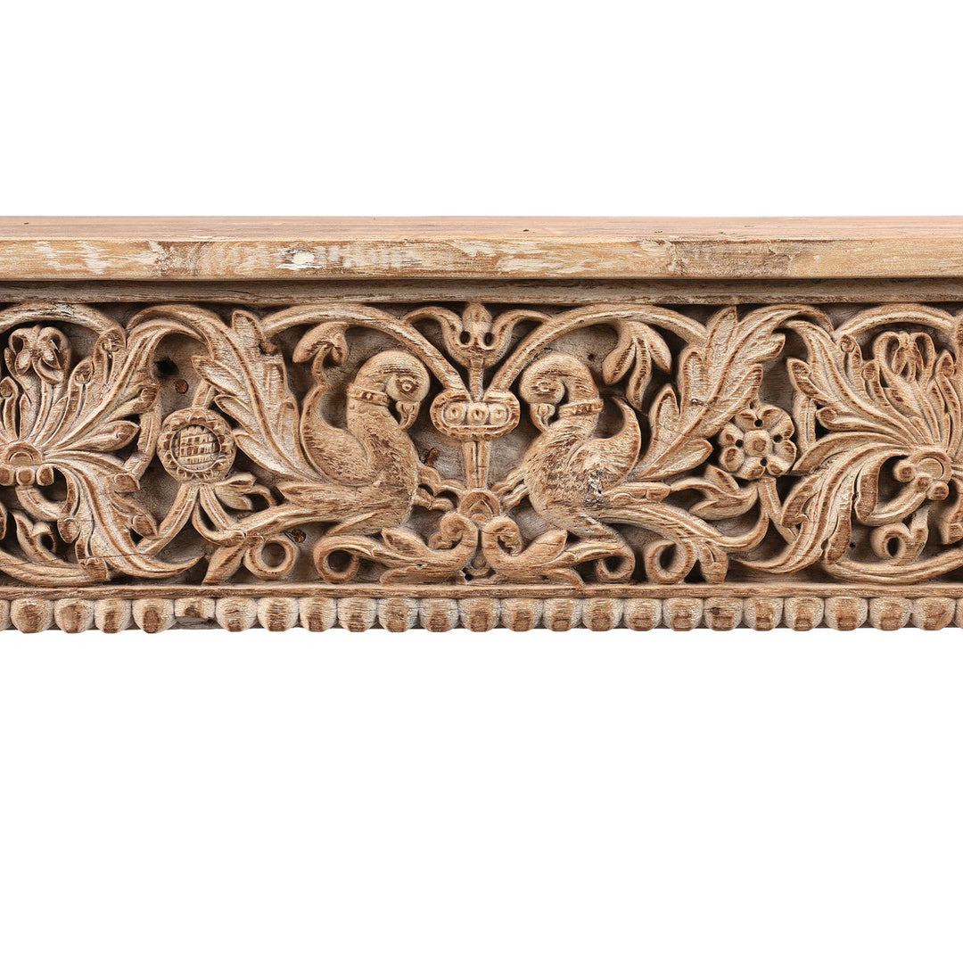 Parrot Carving Detail From Reclaimed Teakwood Console Table With Painted Finish | Indigo Antiques