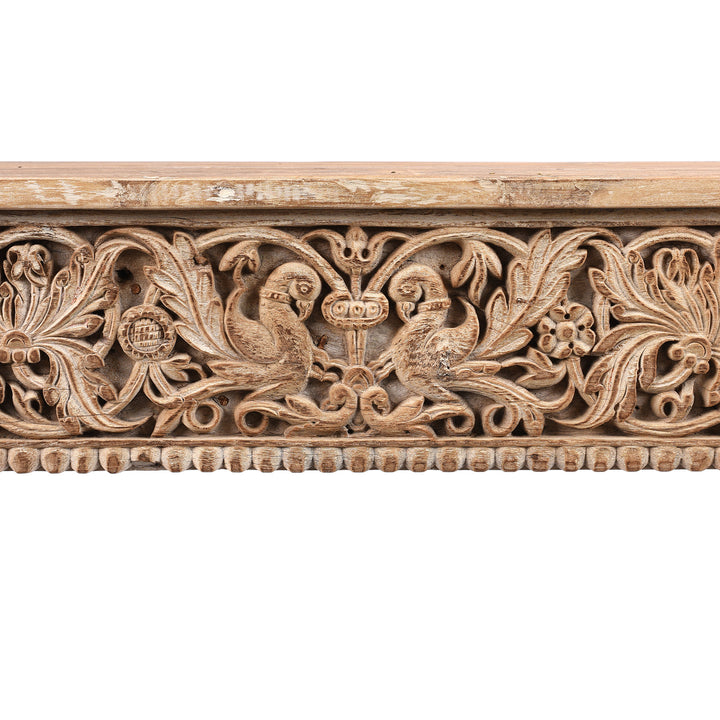 Parrot Carving Detail From Reclaimed Teakwood Console Table With Painted Finish | Indigo Antiques