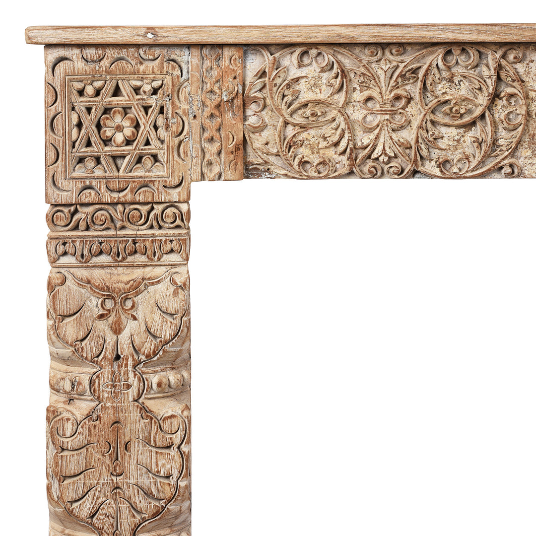 Corner Detail displaying Carvings On Reclaimed Teakwood Console Table With Painted Finish | Indigo Antiques