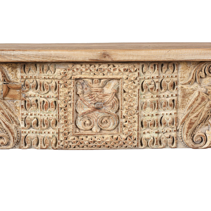 Central Panel Carving Detail From Reclaimed Teakwood Console Table With Painted Finish | Indigo Antiques