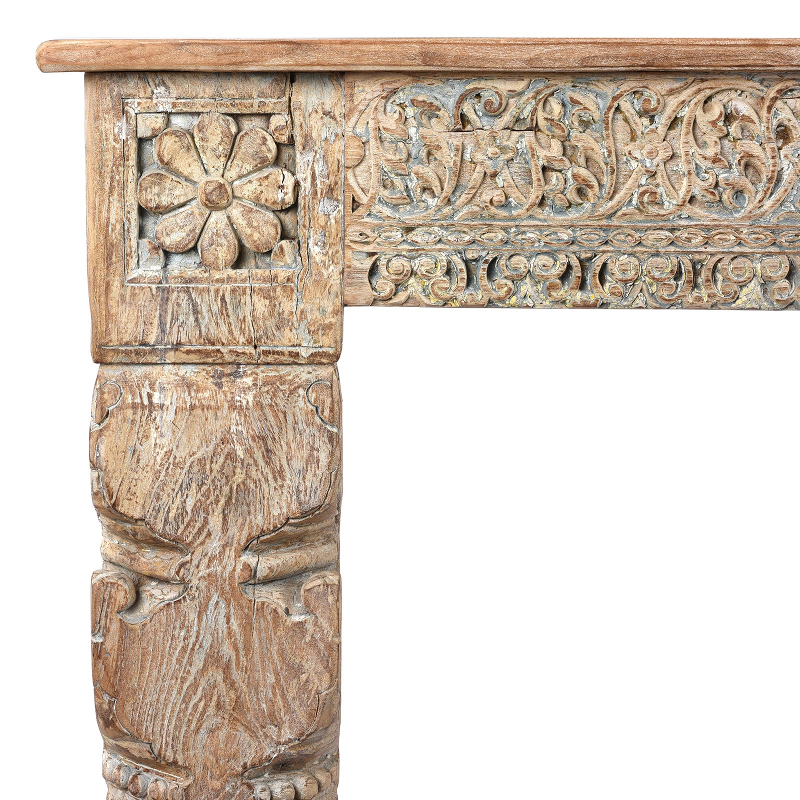 Corner Carving Detail Painted Reclaimed Teak Console Table | Indigo Antiques