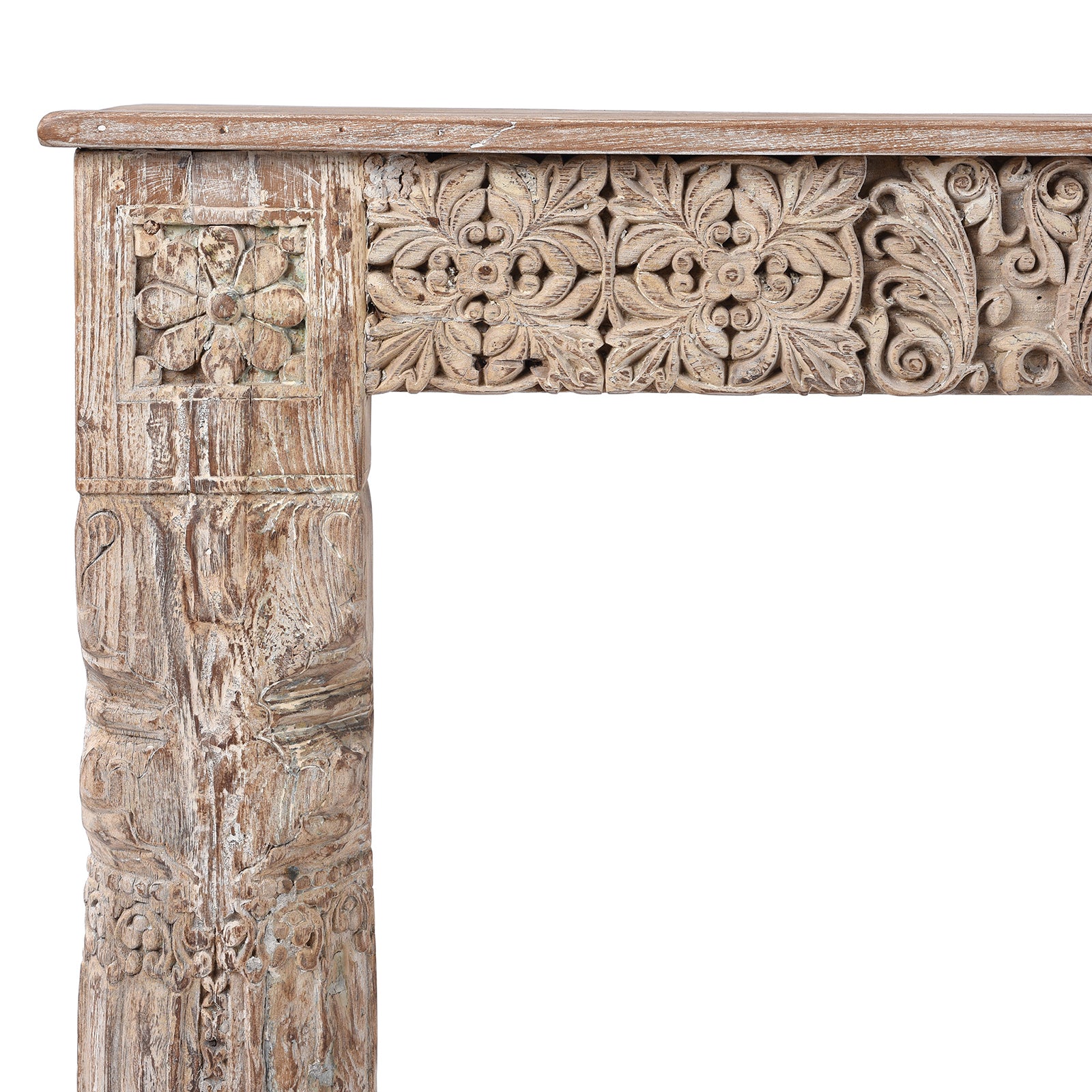 Corner Detail Displaying Carving Detail From Painted Reclaimed Teak Console Table | Indigo Antiques