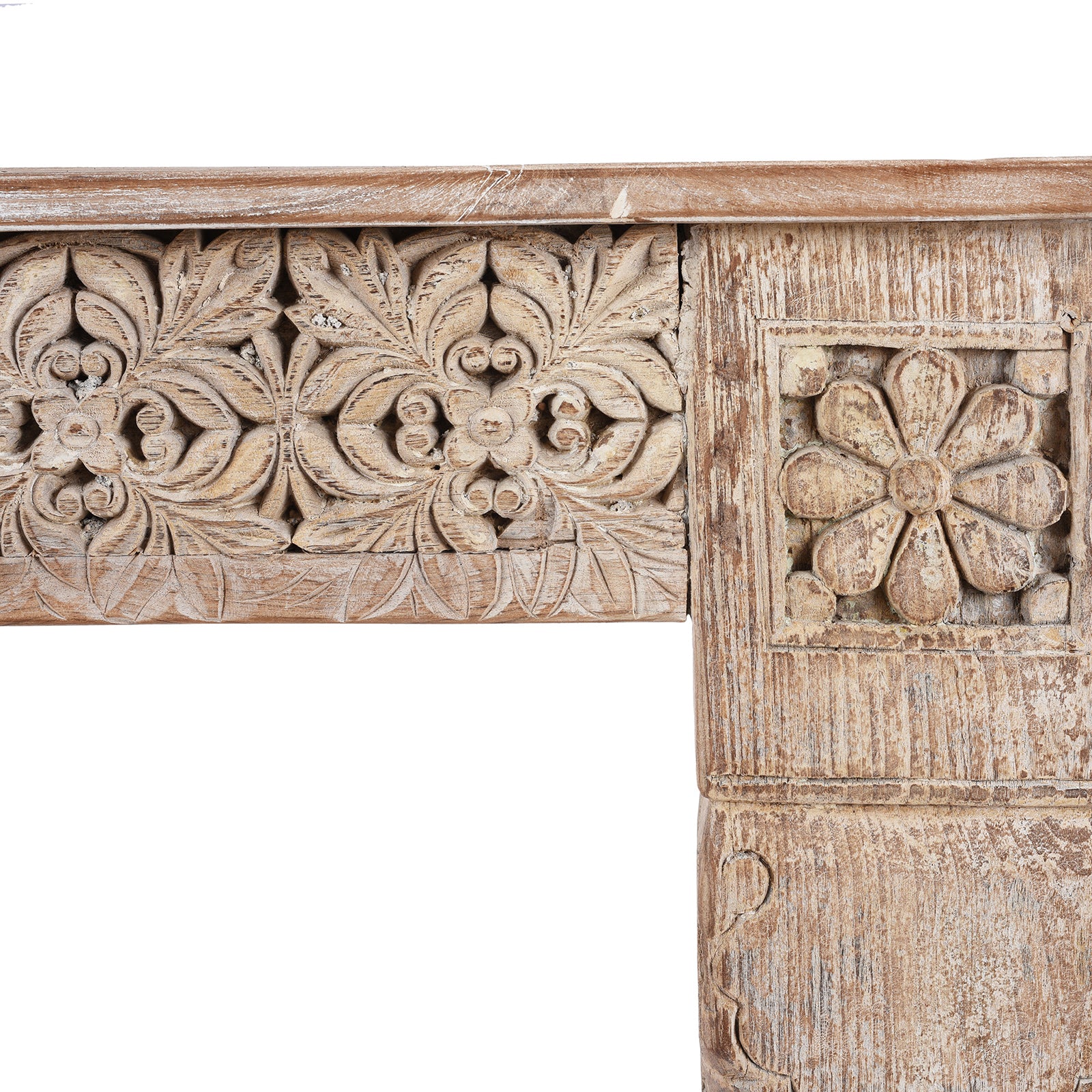 Detail Displaying Carving Detail From Painted Reclaimed Teak Console Table | Indigo Antiques