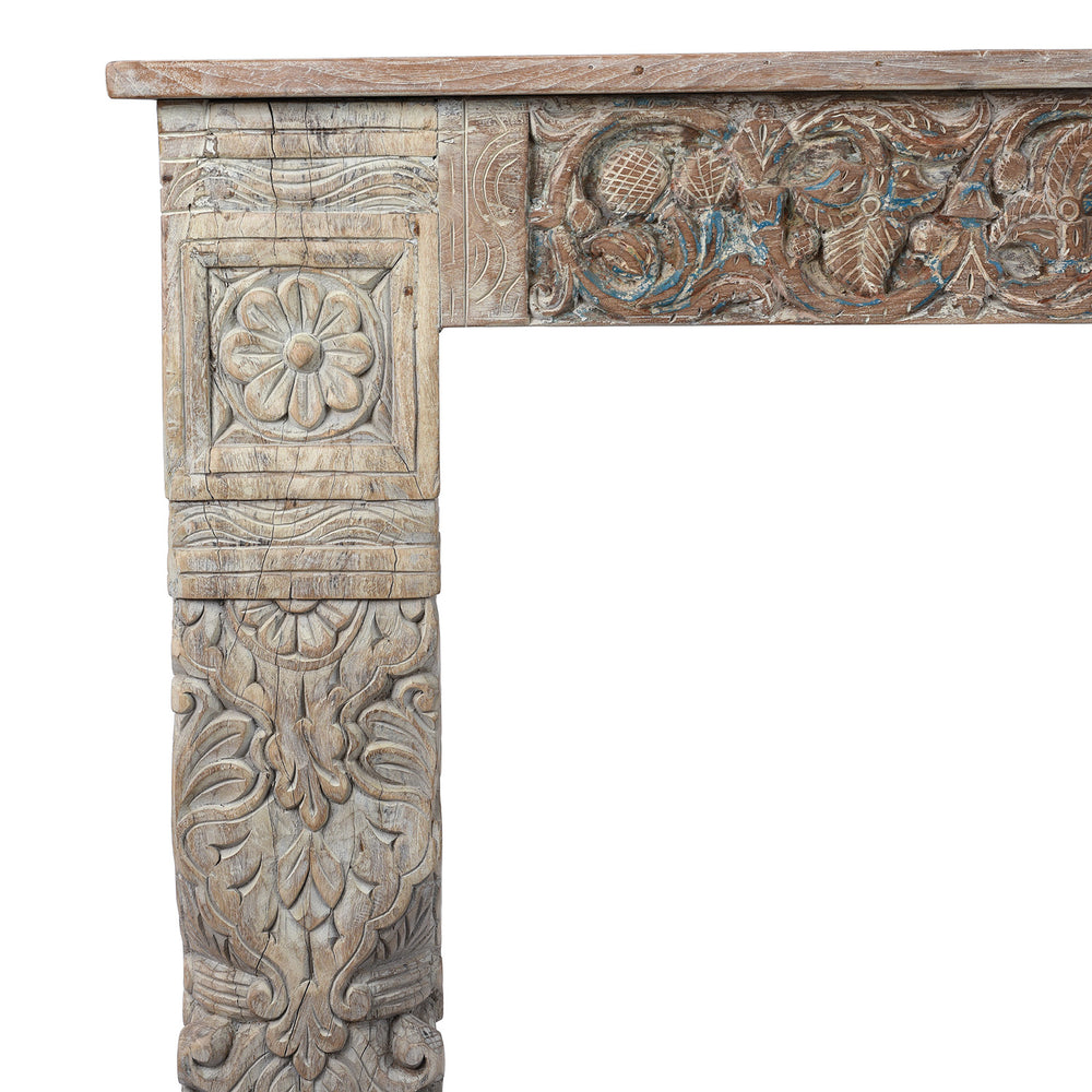 Corner Detail Displaying Carvings On Console Table Made From Reclaimed Teak With Antique Carved Architectural Panels