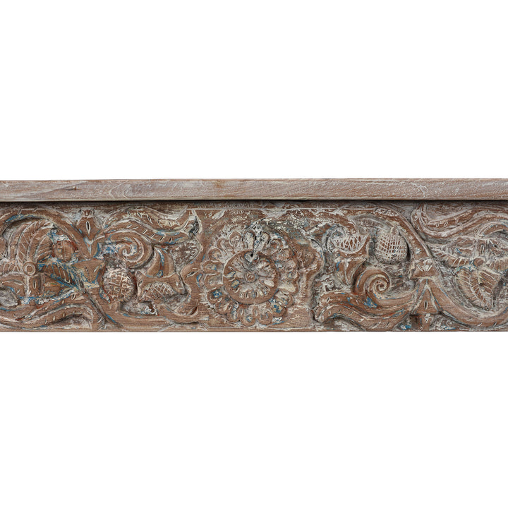 Carving Detail From Centre Of Console Table Made From Reclaimed Teak With Antique Carved Architectural Panels