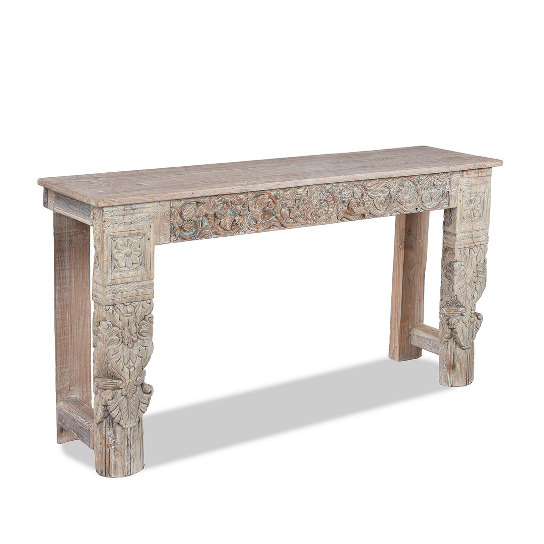 Angled View Of Console Table Made From Reclaimed Teak With Antique Carved Architectural Panels