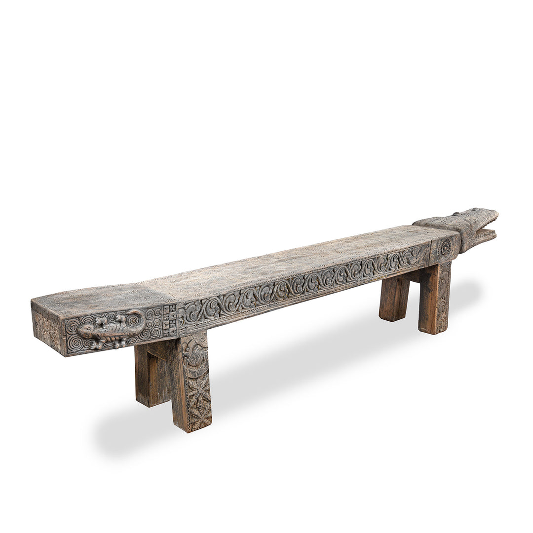 Angled View Of Vintage Crocodile Bench From Kerala | Indigo Antiques