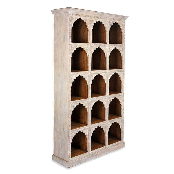 Angled View Of Limed Mango Wood Display Shelf From Rajasthan | Indigo Antiques