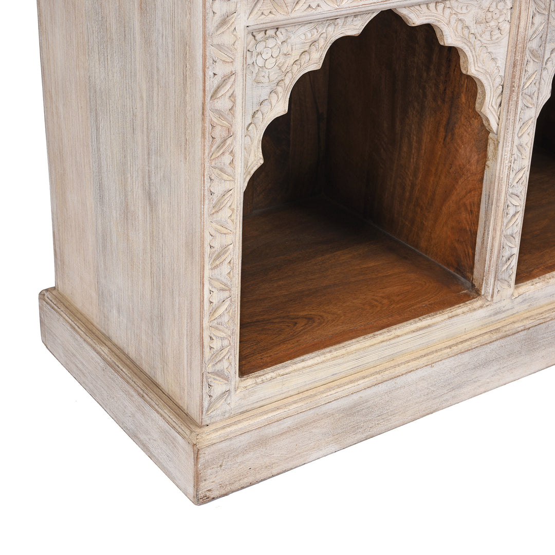 Corner Detail From Limed Mango Wood Display Shelf From Rajasthan | Indigo Antiques