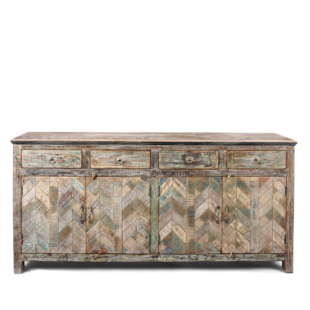 4 Door Indian Sideboard With a Parquet chevron Design Made From Reclaimed Teak | Indigo Antiques