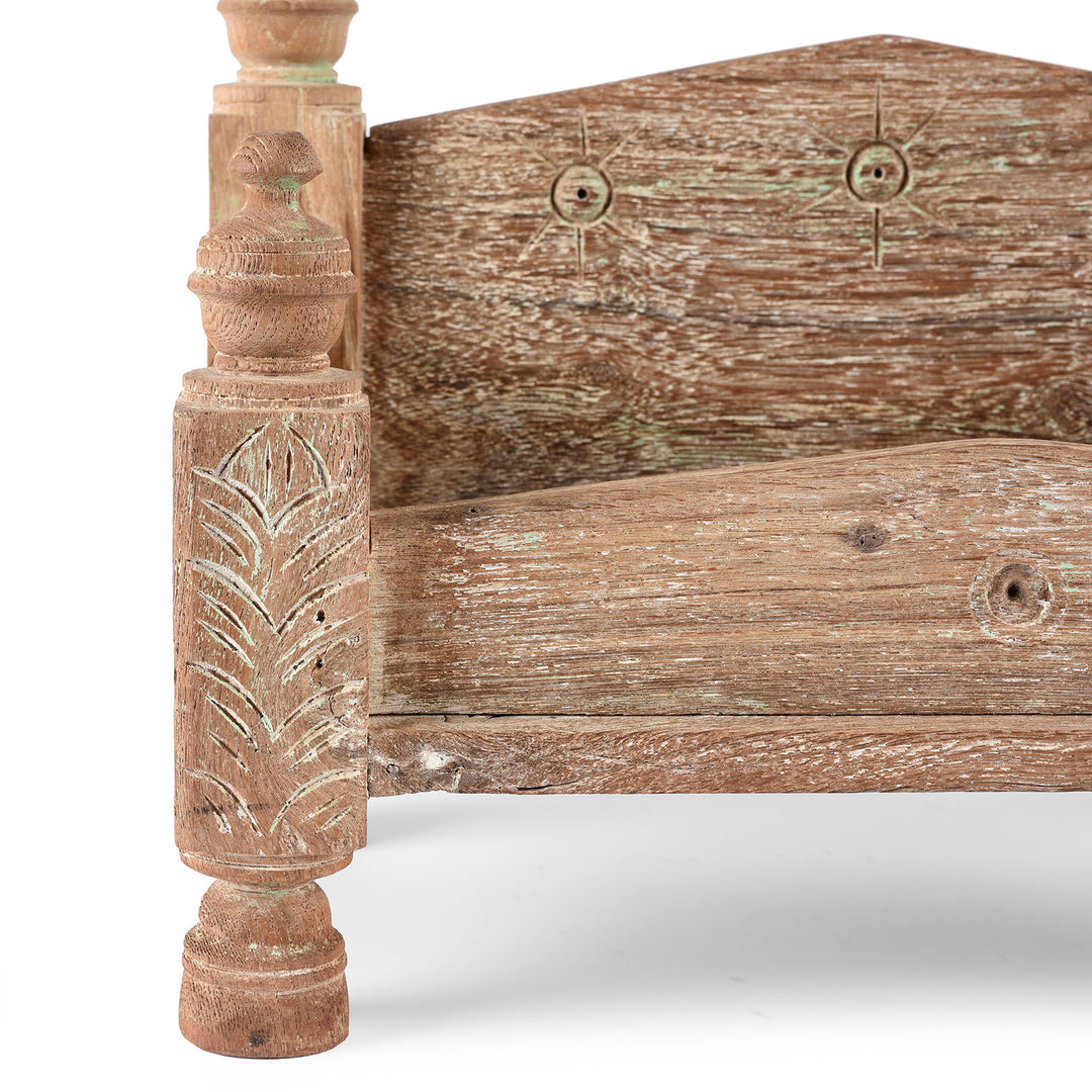 Carving Detail From Vintage Bleached Decorative Teak Singhasan From Rajasthan - Ca 1950's | indigo Antiques