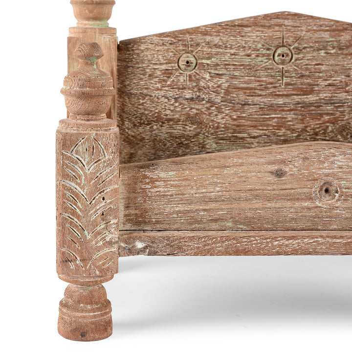 Carving Detail From Vintage Bleached Decorative Teak Singhasan From Rajasthan - Ca 1950's | indigo Antiques