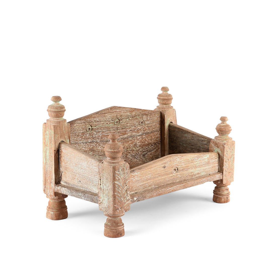 Angled View Of Vintage Bleached Decorative Teak Singhasan From Rajasthan - Ca 1950's | indigo Antiques