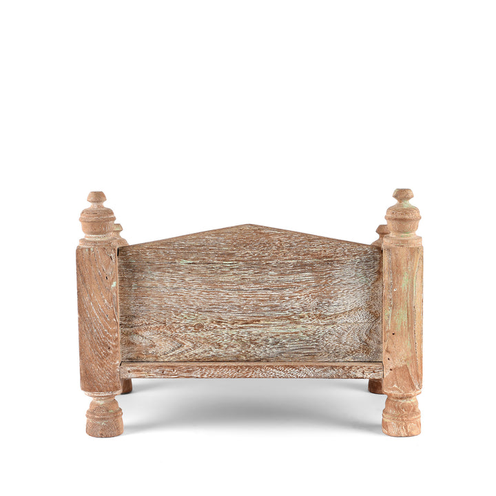 Back Of Vintage Bleached Decorative Teak Singhasan From Rajasthan - Ca 1950's | indigo Antiques