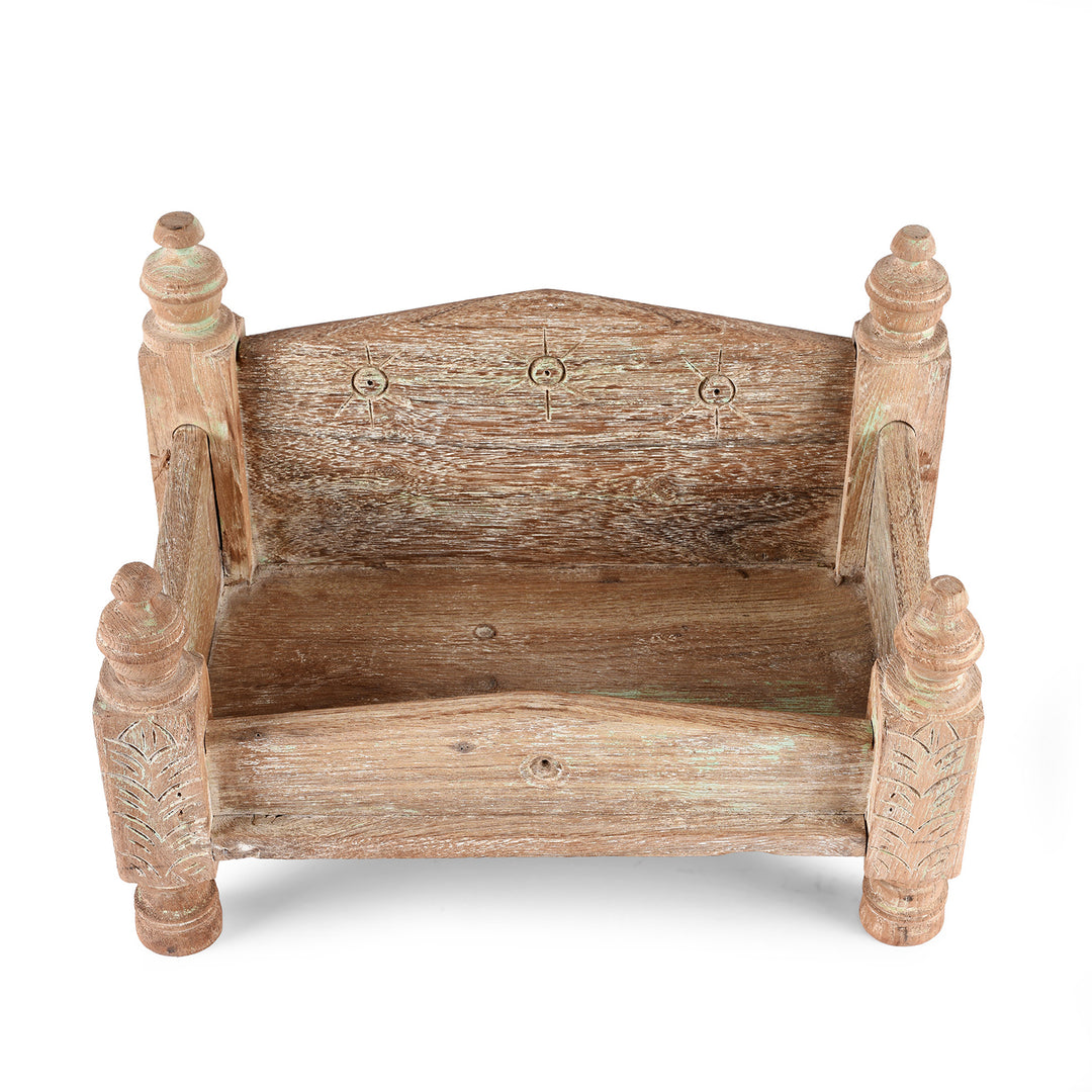 Top Down View Of Vintage Bleached Decorative Teak Singhasan From Rajasthan - Ca 1950's | indigo Antiques