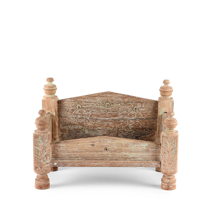 Front View Of Vintage Bleached Decorative Teak Singhasan From Rajasthan - Ca 1950's | indigo Antiques