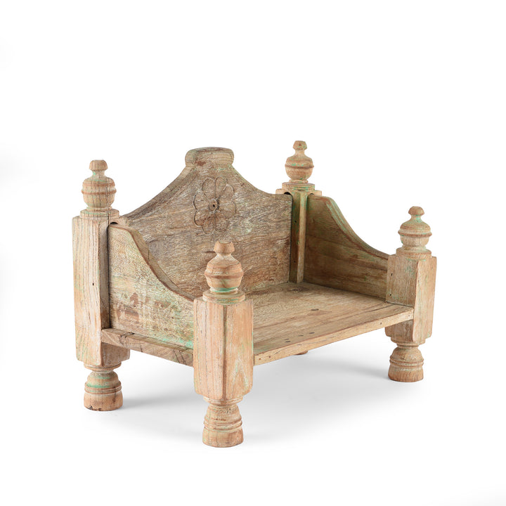 Angled View Of  Vintage Bleached Decorative Teak Singhasan From Rajasthan - Ca 1950's | indigo Antiques