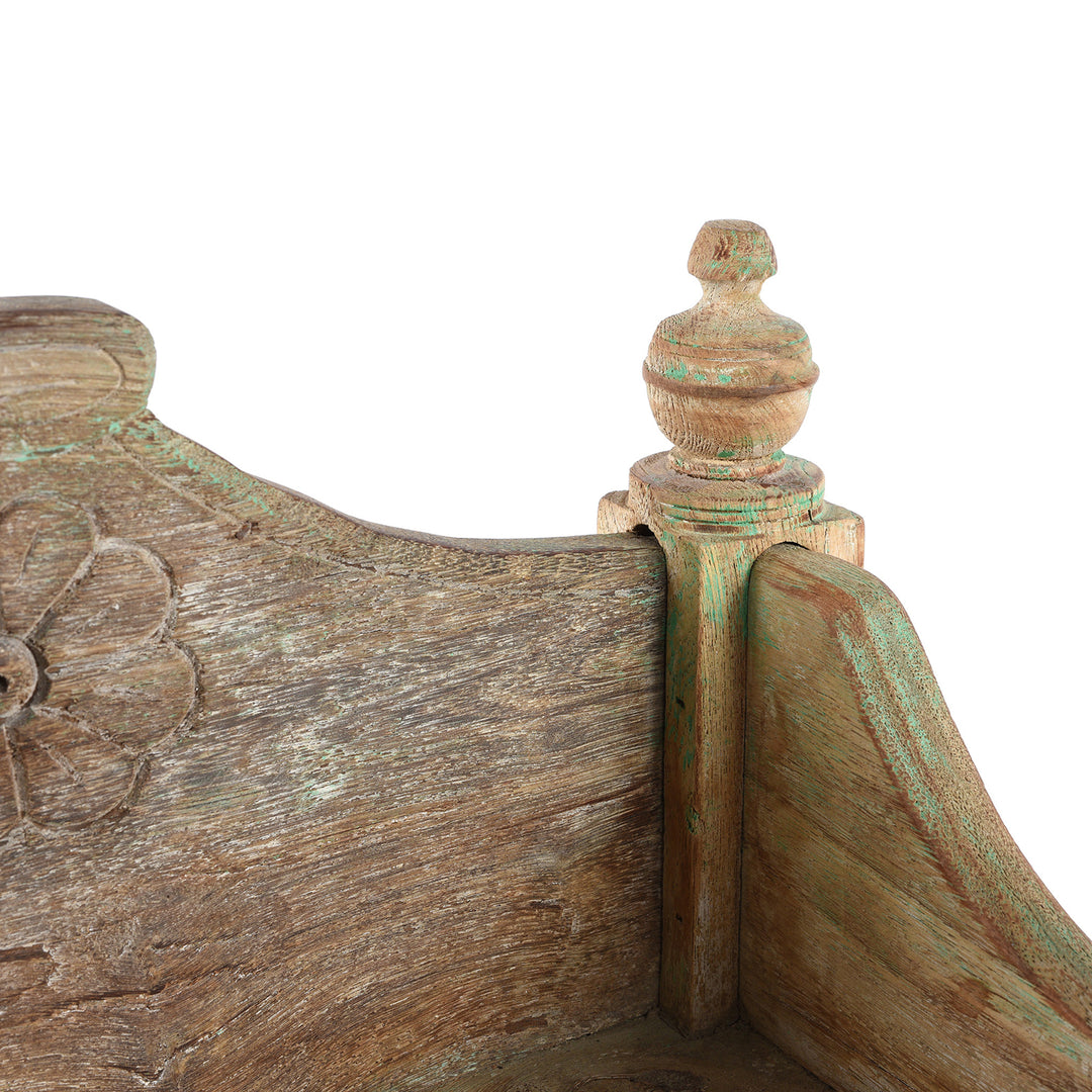 Corner Detail From Vintage Bleached Decorative Teak Singhasan From Rajasthan - Ca 1950's | indigo Antiques
