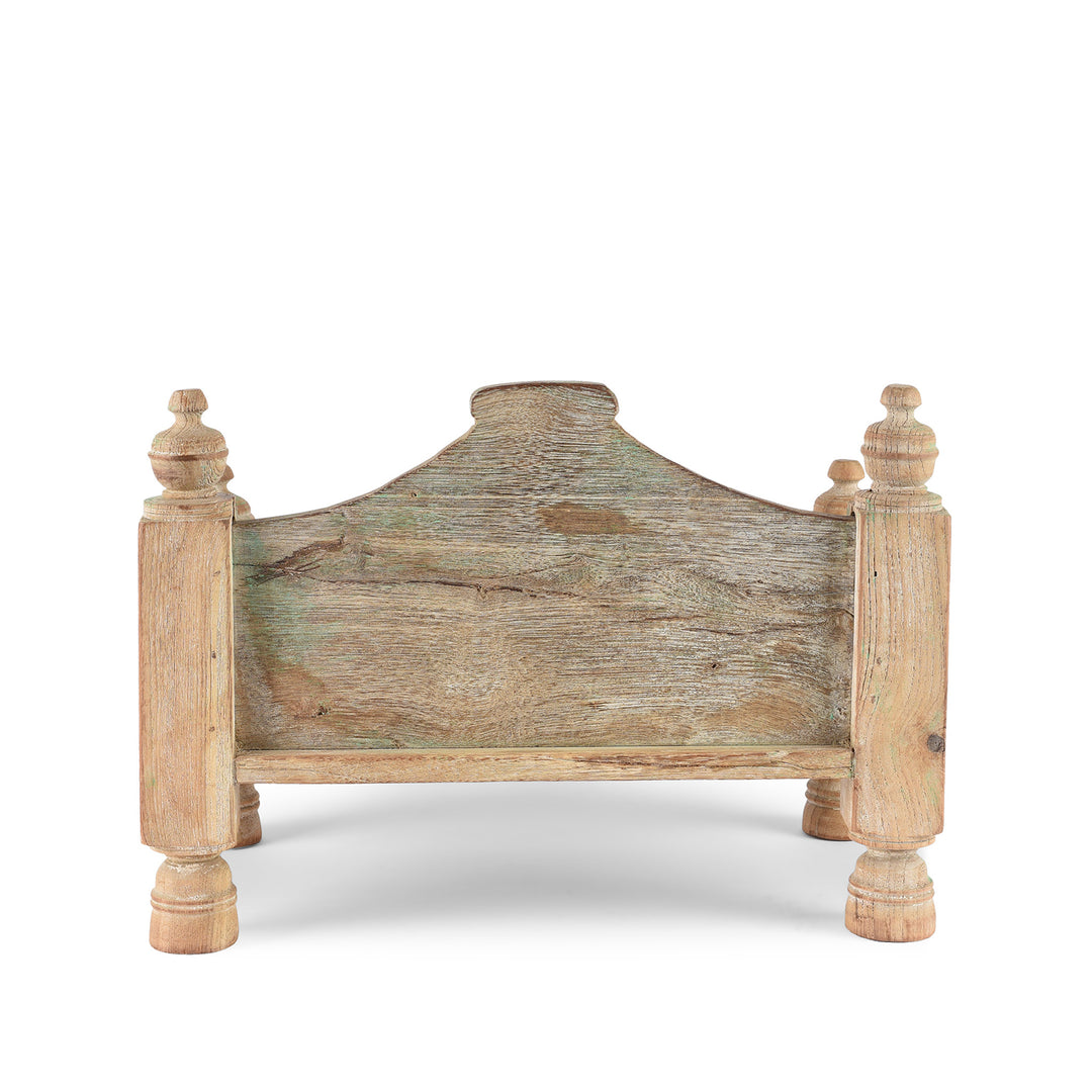 Back Of Vintage Bleached Decorative Teak Singhasan From Rajasthan - Ca 1950's | indigo Antiques